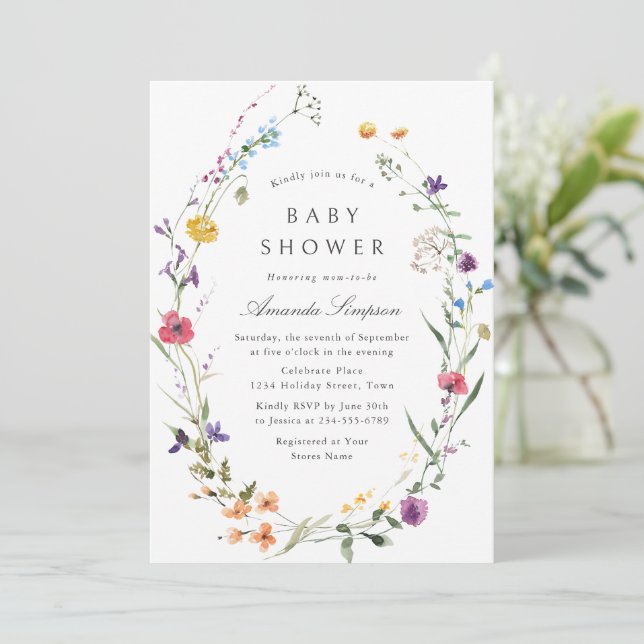 Elegante Watercolor Wild Blume Kinderdusche Einladung (Stehend Vorderseite)