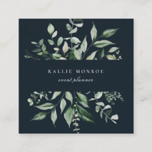 Elegante Watercolor Wild Foliage Dark Blue Quadratische Visitenkarte