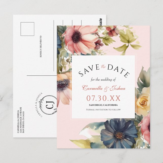 Elegante Watercolor Wildblume Boho Save the Date Postkarte (Vorne/Hinten)
