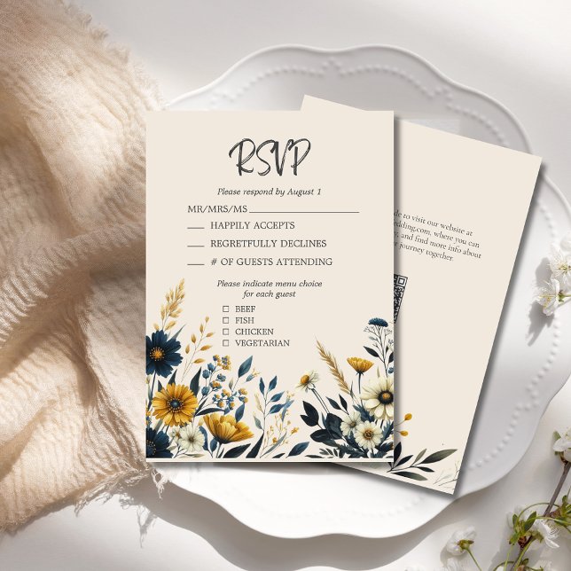 Elegante Watercolor Wildblumen Beige Hochzeit RSVP Karte (Elegant Watercolor Wildflowers Wedding RSVP Card with Menu Selections and QR Code.)