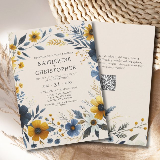 Elegante Watercolor Wildblumen Blumenhochzeit Einladung (Elegant Watercolor Wildflowers Floral Wedding Invitation with Blue and Yellow Wildflowers, QR Code.)