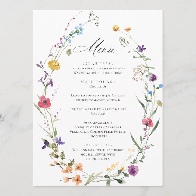 Elegante Watercolor Wildblumen Hochzeitsessen Menükarte (Vorderseite)