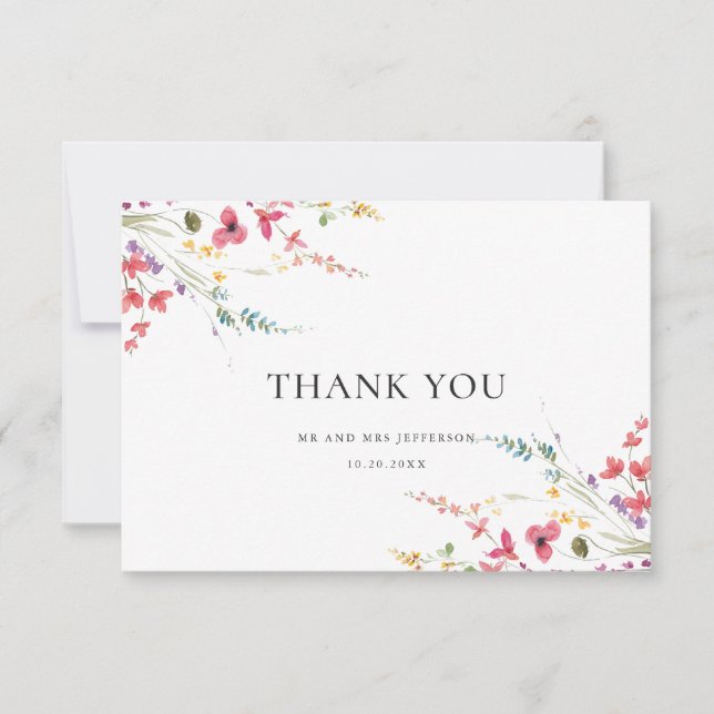 Elegante Watercolor Wilde Blume Blumenzehen Dankeskarte (Vorderseite)