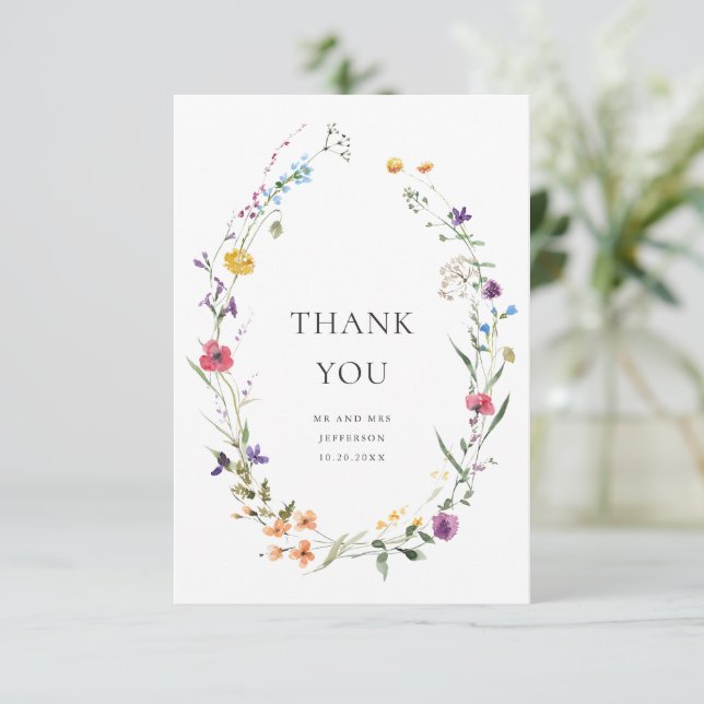 Elegante Watercolor Wilde Blume Blumenzehen Dankeskarte (Stehend Vorderseite)