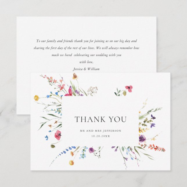 Elegante Watercolor Wilde Blume Blumenzehen Dankeskarte (Vorne/Hinten)