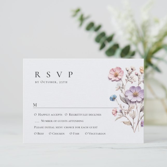 Elegante Watercolor Wilde Blume Blumenzehen RSVP Karte (Stehend Vorderseite)