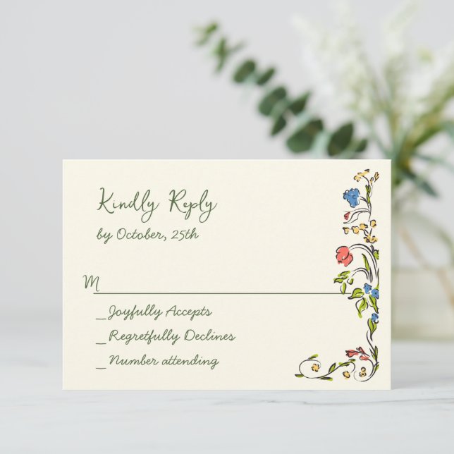 Elegante Watercolor Wilde Blume Blumenzehen RSVP Karte (Stehend Vorderseite)