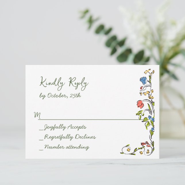 Elegante Watercolor Wilde Blume Blumenzehen RSVP Karte (Stehend Vorderseite)