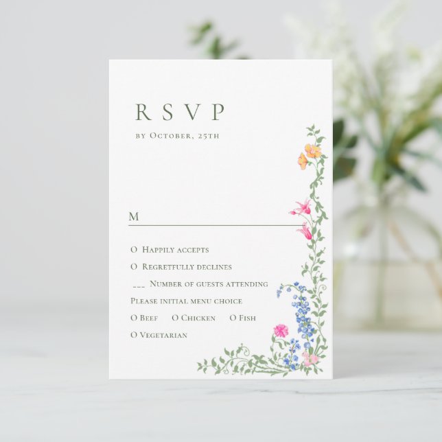 Elegante Watercolor Wilde Blume Blumenzehen RSVP Karte (Stehend Vorderseite)