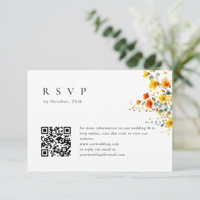 Elegante Watercolor Wilde Blume Blumenzwiebeln QR RSVP Karte (Stehend Vorderseite)