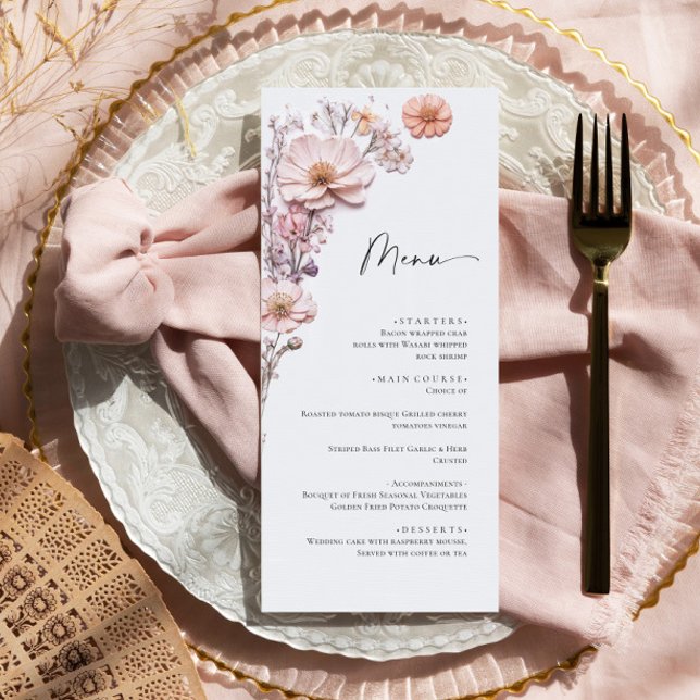 Elegante Watercolor Wilde Blume Hochzeitsessen Menükarte (Von Creator hochgeladen)