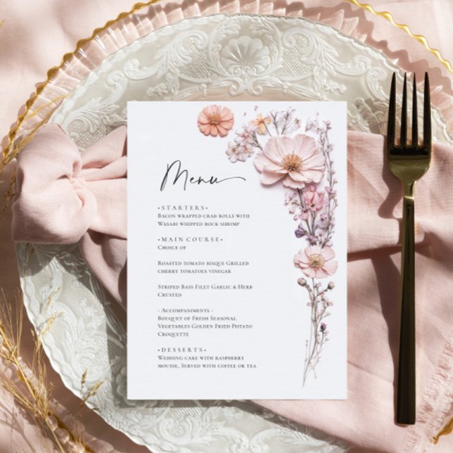 Elegante Watercolor Wilde Blume Hochzeitsessen Menükarte (Von Creator hochgeladen)