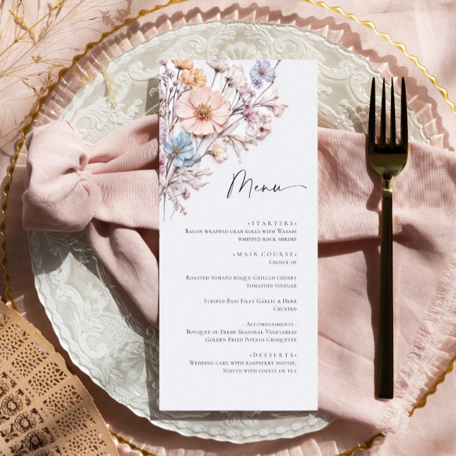 Elegante Watercolor Wilde Blume Hochzeitsessen Menükarte (Von Creator hochgeladen)