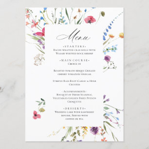 Elegante Watercolor Wilde Blume Hochzeitsessen Menükarte