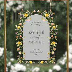 Elegante Watercolor Wilde Blume WELCOME Hochzeit Acrylschild