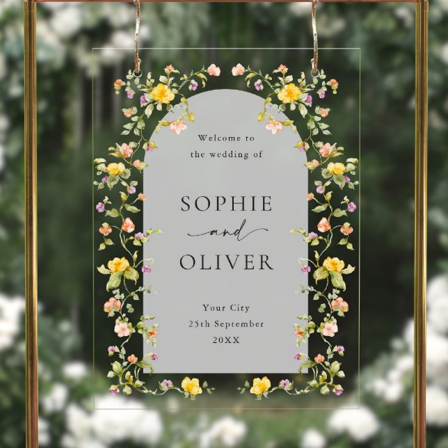 Elegante Watercolor Wilde Blume WELCOME Hochzeit Acrylschild (Von Creator hochgeladen)