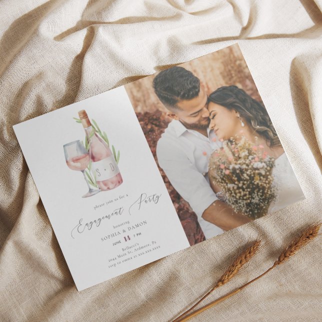 Elegante Watercolor Wine Monogram Engagement Party Einladung (Von Creator hochgeladen)