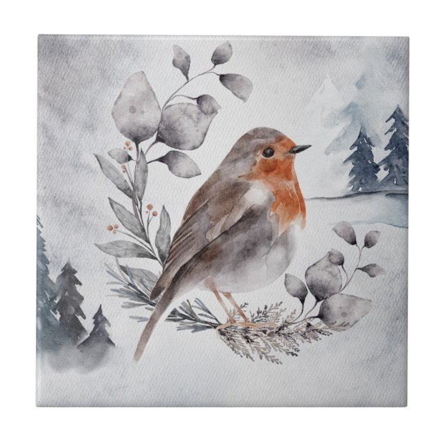 Elegante Watercolor Winter American Robin Fliese (Vorderseite)