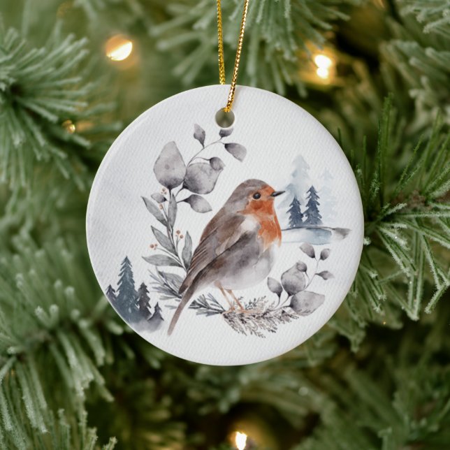 Elegante Watercolor Winter American Robin Keramik Ornament (Baum)