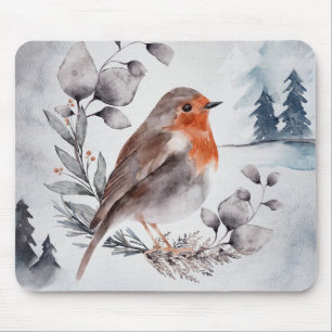 Elegante Watercolor Winter American Robin Mousepad