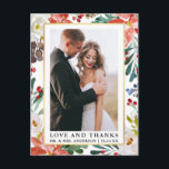 Elegante Watercolor Winter Floral Liebe und Dank Postkarte<br><div class="desc">Elegante Watercolor Winter Floral und Grüne Liebe und Groom und Dank Hochzeit Foto Vielen Dank Postcard beinhaltet rote Poinsettias,  weiße Rosen,  heilige Beeren und botanische Vegetation. Goldrahmen.</div>