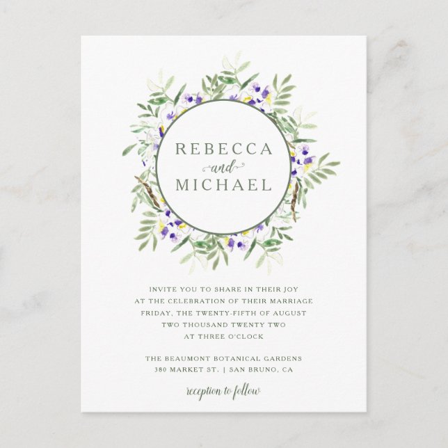 Elegante Watercolor Wisteria Wreath Einladungspostkarte (Vorderseite)