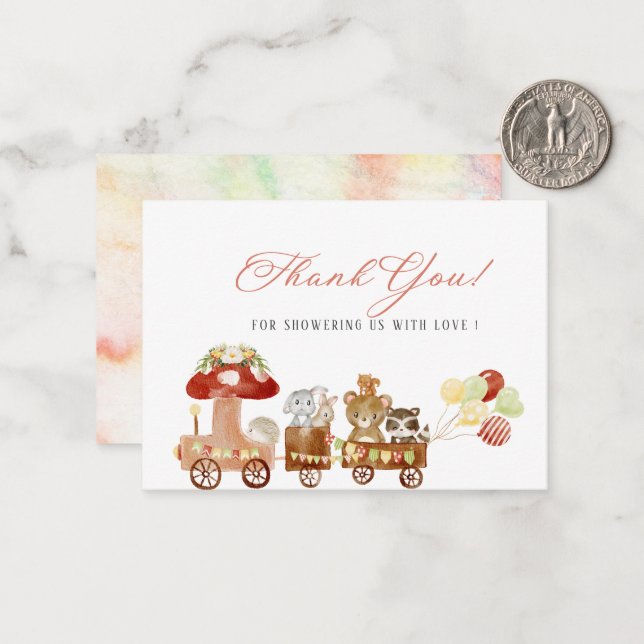 Elegante Watercolor Woodland Party Babydusche Mitteilungskarte (Vorderseite/Rückseite Beispiel)