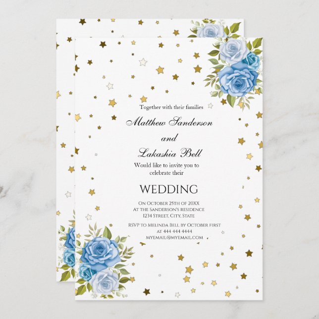 Elegante Wedding Blue Blumen goldene Sterne Einladung (Vorne/Hinten)