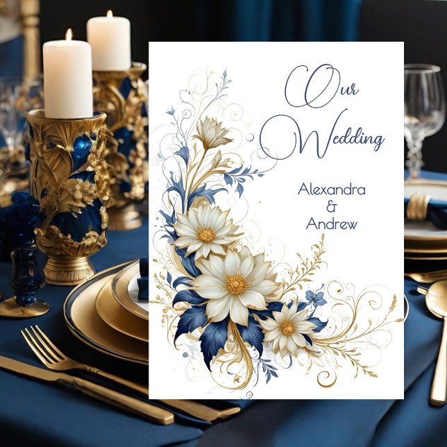 Elegante Wedding Blue White Gold Blume Einladung (Von Creator hochgeladen)