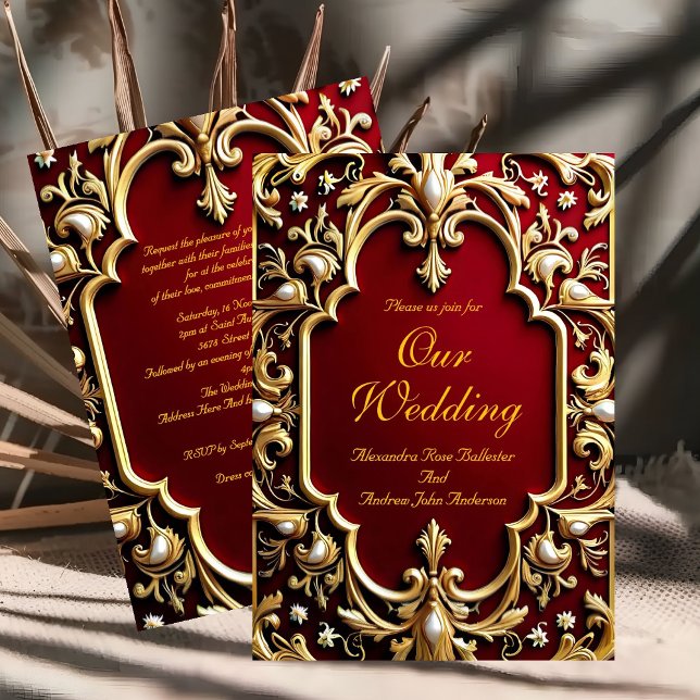 Elegante Wedding Burgundy Gold Verzierte Rote Perl Einladung (Von Creator hochgeladen)