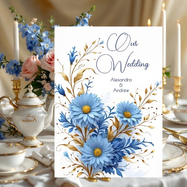 Elegante Wedding Cornflower Blue Gold Florals Einladung (Von Creator hochgeladen)