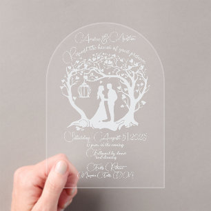 Elegante Wedding Couple Tree Gerahmt White Acryleinladungen