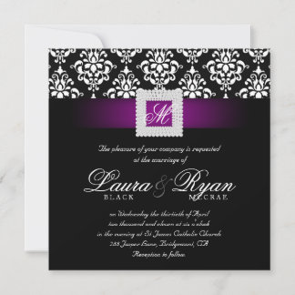 Elegante Wedding Damask Jewel Lila Schwarz-weiß Sq Einladung
