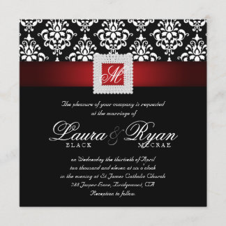 Elegante Wedding Damask Jewels Red Schwarz-weiß Sq Einladung