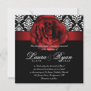Elegante Wedding Damask Rote Rose Schwarz-weiß Einladung