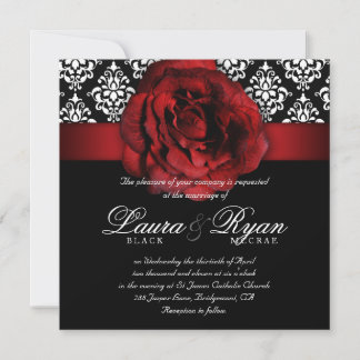 Elegante Wedding Damask Rote Rose Schwarz-weiß Einladung