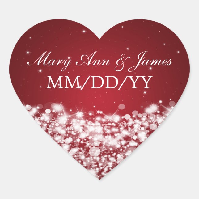 Elegante Wedding Date Star Sparkle Rot Herz-Aufkleber (Vorderseite)