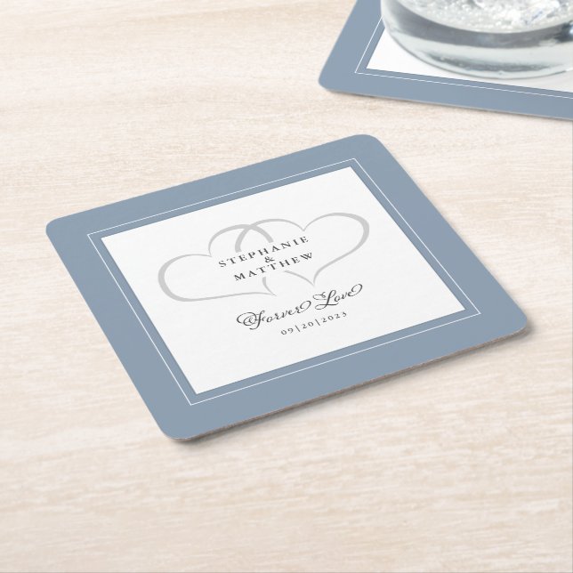 Elegante Wedding Dusty Blue Hearts Forever Love Rechteckiger Pappuntersetzer (angewinkelt)