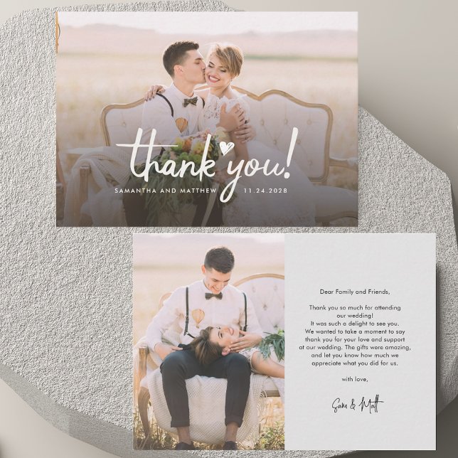 Elegante Wedding Fotos Script Dankeschön Card Mitteilungskarte (Elegant Wedding Photos Script Thank You Card)