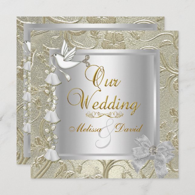 Elegante Wedding Gold Silver White Dove Einladung (Vorne/Hinten)