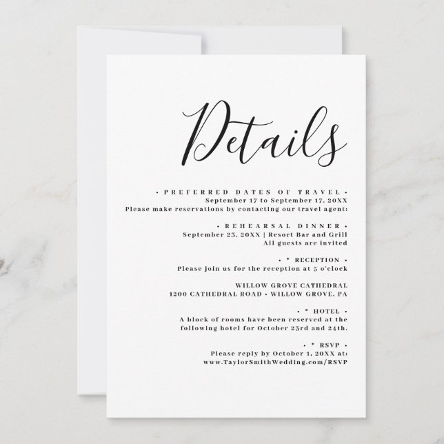 Elegante Wedding Modern Script Details Einladung (Vorderseite)