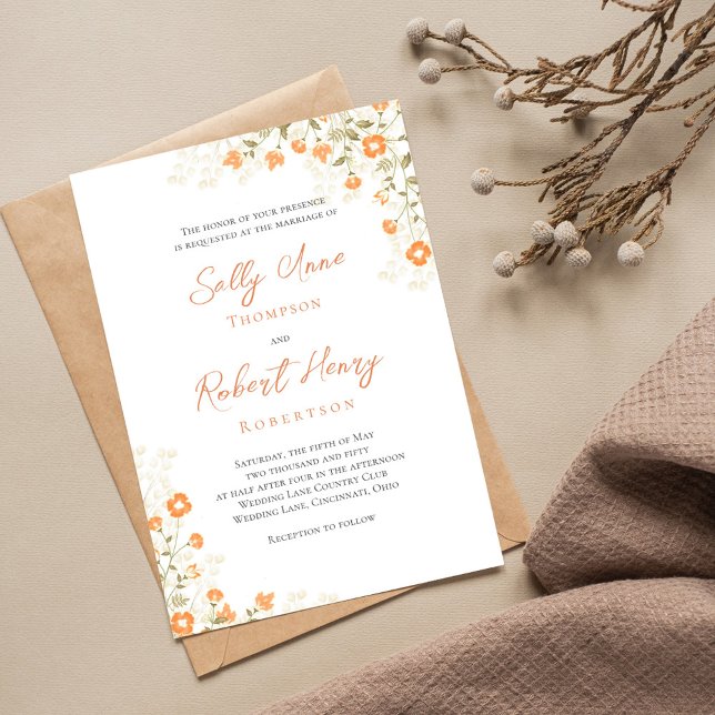 Elegante Wedding Peach Floral Einfaches Skript Einladung (Elegant peach floral wedding invitation with a monogram on the backside. )