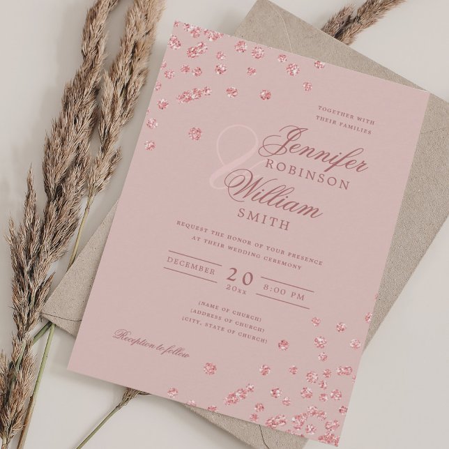 Elegante Wedding Rose Gold Confetti Rosa Einladung (Elegant Wedding Rose Gold Confetti Blush Pink Invitation)