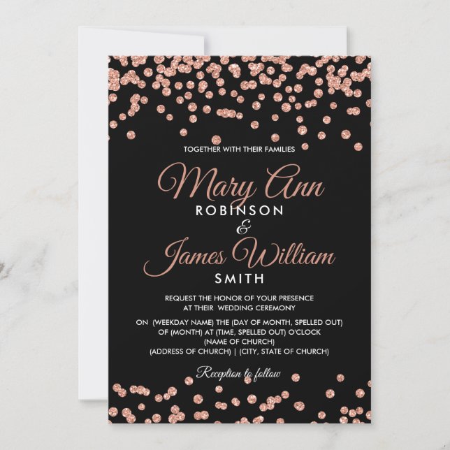 Elegante Wedding Rose Gold Glitzer Confetti Black Einladung (Vorderseite)