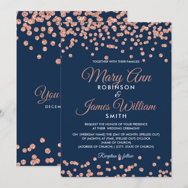 Elegante Wedding Rose Gold Glitzer Confetti Einladung (Vorne/Hinten)
