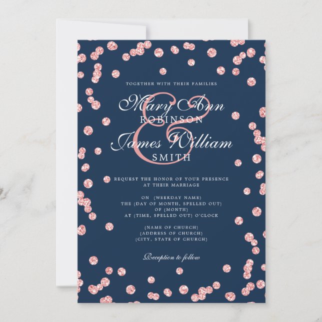 Elegante Wedding Rose Gold Glitzer Confetti Navy Einladung (Vorderseite)