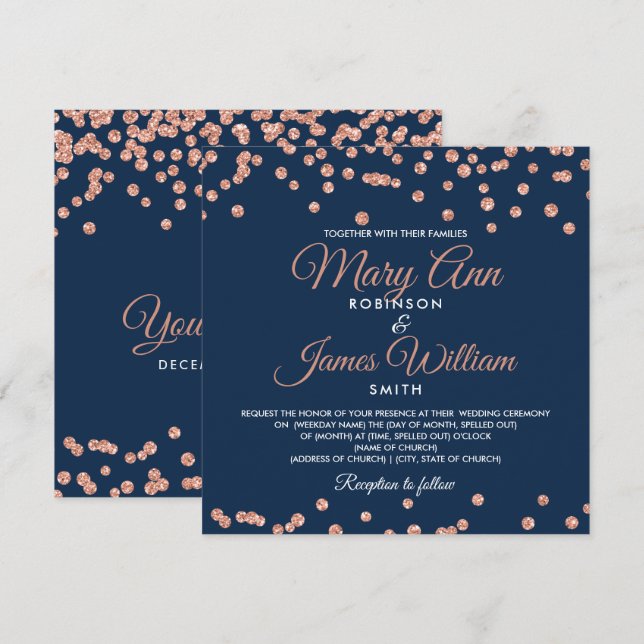 Elegante Wedding Rose Gold Glitzer Confetti Navy Einladung (Vorne/Hinten)