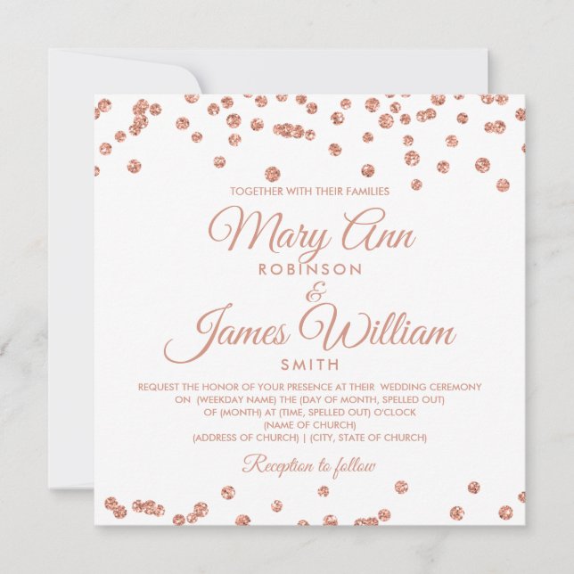 Elegante Wedding Rose Gold Glitzer Confetti White Einladung (Vorderseite)