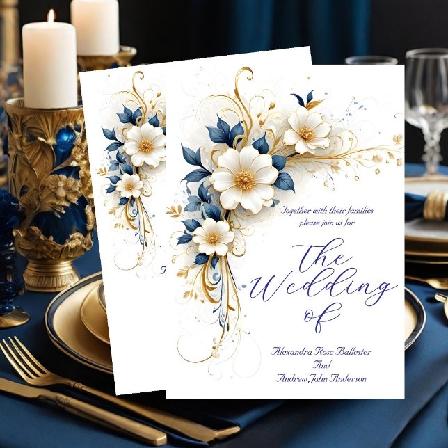 Elegante Wedding Royal Blue White Gold Blume Einladung (Von Creator hochgeladen)