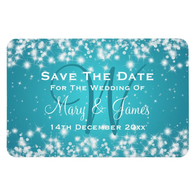 Elegante Wedding Save the Date Winter Sparkle Blue Magnet (Horizontal)